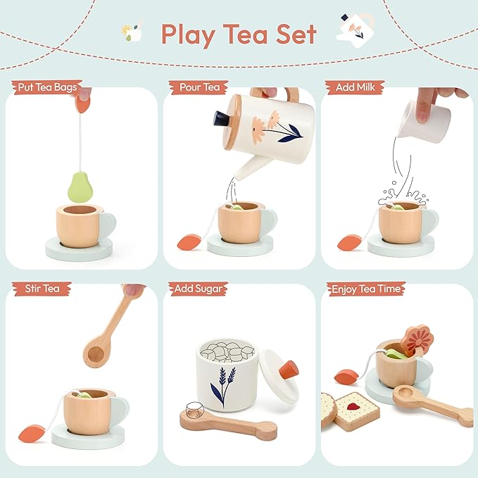 Wooden Tea Set for Toddlers,Wooden Tea Party Set for Kids Pretend Play Food Toy Set Kitchen Accessories Tea Time Party with Play Food for Girls and Boys 3 Years and up