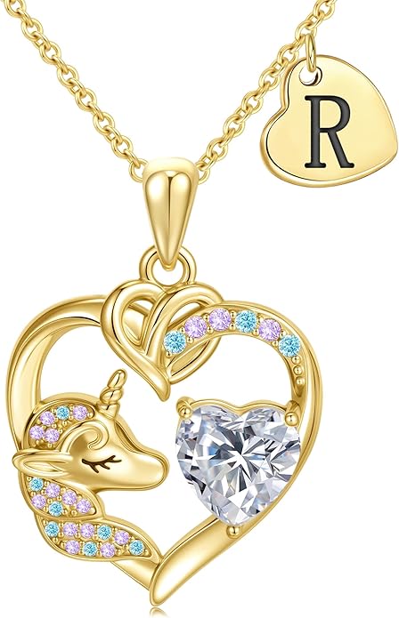 C-leen Unicorn Gifts for Girls Kids - Colorful CZ Heart Initial Necklaces Unicorn Necklace for Girls Jewelry Christmas Birthday Gifts for Little Girl