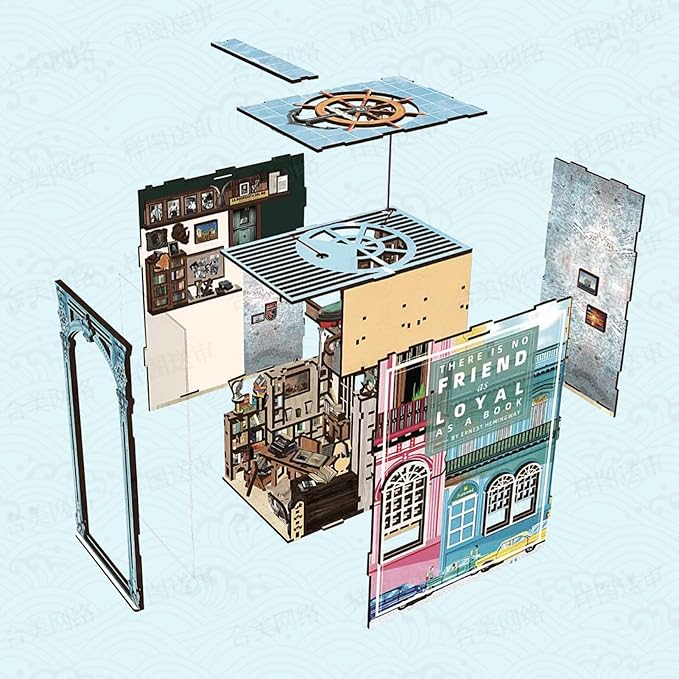 DIY Book Nook Kit, Miniature Dollhouse Booknook Kit, 3D Wooden Puzzle Bookend Bookshelf Insert Decor with LED Light for Teens and Adults (Hemingway House)