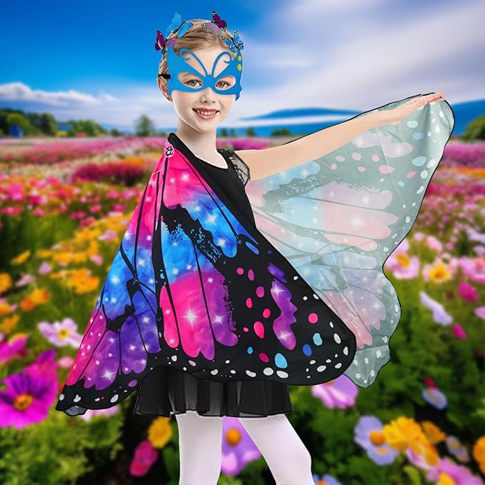 Butterfly Costume for Girls Fairy Wings Kids 4 Pcs(Cape,Skirts,Masks,Hair Clips) Butterfly Wings for Halloween Gifts