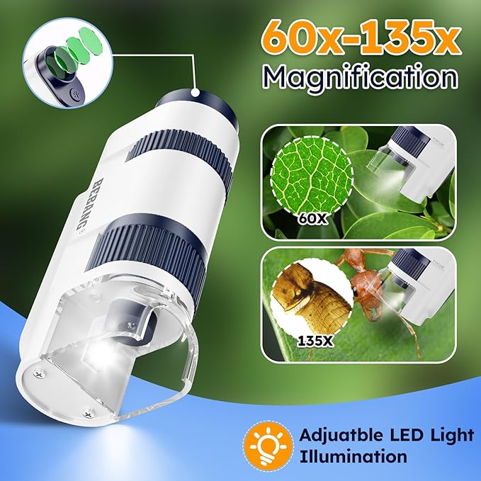 Handheld Portable Pocket Microscope for Kids - BEBANG Mini Lab Kids Microscope with 5 Prepared Slides LED Portable Microbiological Observation Miniscope Tool for Science Exploration