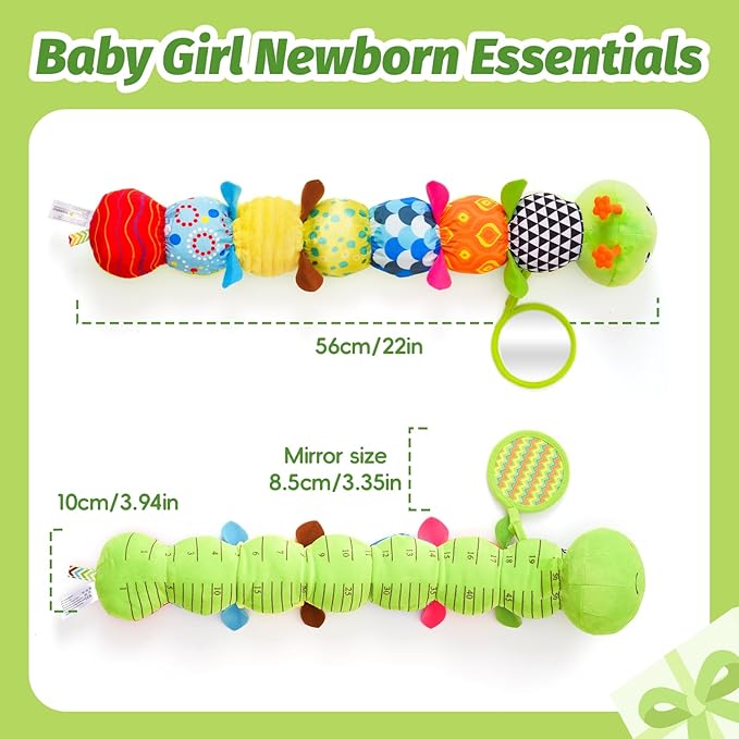 Baby Toys 0-6 Month, Musical Caterpillar Baby Rattle, Plush Sensory Toy with Mirror, Crinkle Textures, Newborn Developmental Tummy Time Stuffed Animal for Infants Boys Girls 6-12 Months (Green)