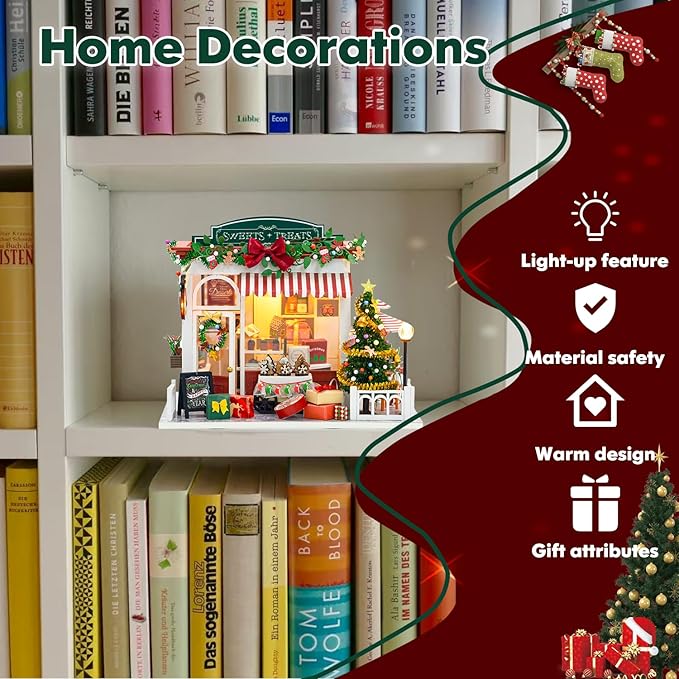 Christmas Miniature Dollhouse Kits, DIY Miniature House Kit, Tiny House with LED, Christmas Village Houses Set, 3D Wooden Puzzle Mini House, Gift for Adults