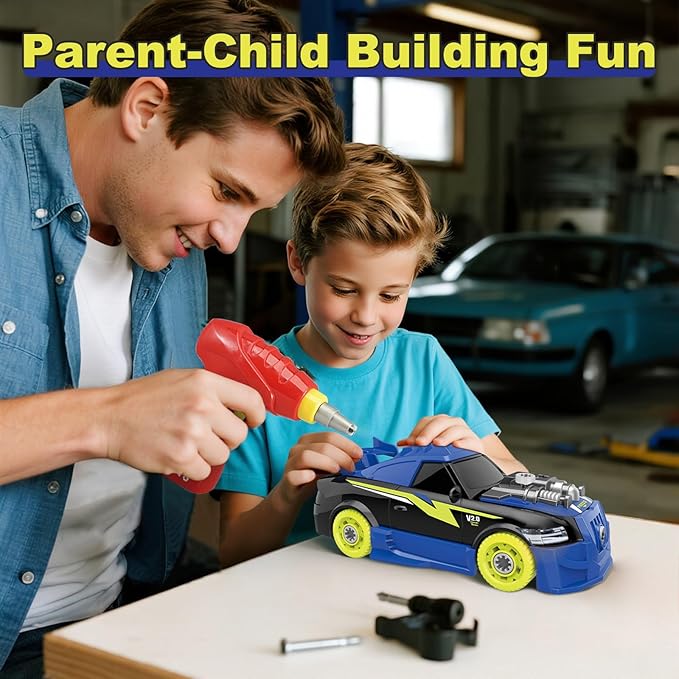 Take Apart Toy Racing Car for Kids Age 3+ Year Old, 2 in 1 Build Your Own Car with Realistic Sounds & Lights, Construction Vehicle Toys with Electric Drill, Ideal Gitfs for Boys(4 Spare Screws)