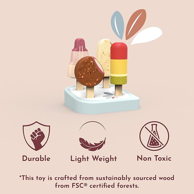 Speedy Monkey Wooden Ice Cream Bar Stand with 4 Treats – FSC Certified Popsicle & Gelato Pretend Play Dessert Counter for Kids, Sweet Food Role Play Toy for Toddlers, Boys & Girls, Ice Cream Cart Set