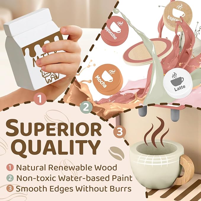 Airlab Kids Coffee Playset Toy Coffee Maker Set for Toddler Wooden Kitchen Accessories Pretend Play for Girls Boys Ages Birthday Gifts Pink