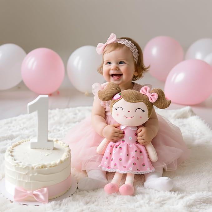 Gloveleya Baby Girl Gift – 16 Inches Strawberry Pink Plush Doll with Gift Box, Soft First Baby Doll for Toddler Girls, Birthday Present, Baby Shower & Holiday Keepsake