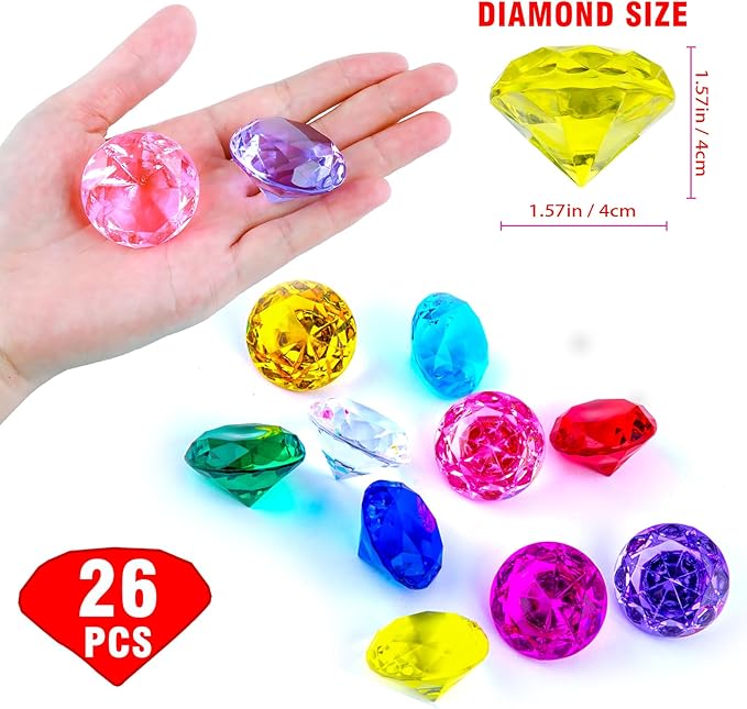 Niceup 26PCS Yellow Fake Diamonds Big Gem Toys, 1.5in Pool Diving Gems Acrylic Plastic Gemstones for Kids, Party Décor Jewels Treasure Hunt Hiding Sensory Bin Filler Toys Craft Supplies