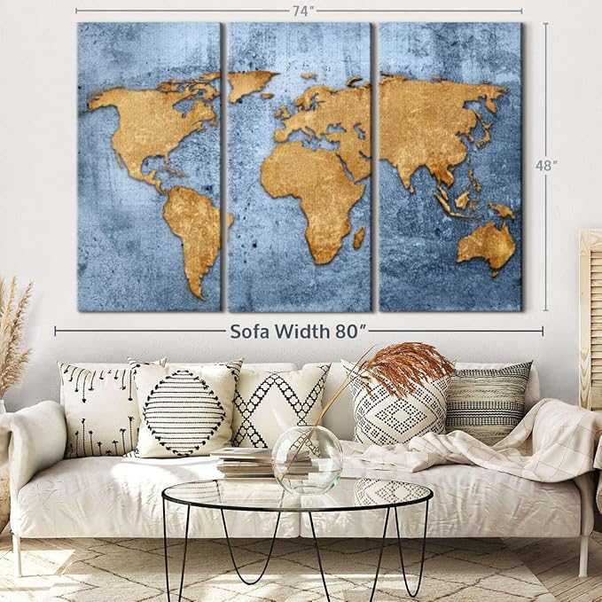 ElephantStock Azure World Map Wall Art Multi Piece Canvas - 3 Panel Wall Decor - Map of the World Art - Canvas for the Office and Home - 74" X 48"