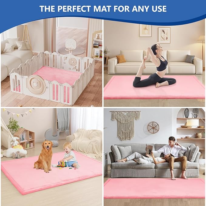 Baby Play Mat for Floor,1.3" Thick Elasti-Foam 74×50 Playpen Mat for Toddlers Infant kids,Water-Repellent Soft Coral Velvet for Tummy Time, Non-Slip Backing for Crawling,Tatami Style(Pink)