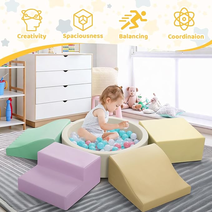 Foam Climbing Blocks for Toddler: with 4-Piece PU Leather Climbing Toys and a Ball Pit - Foam Ball Pit for Toddlers - Climbing Toys Indoor for Kids Crawling (Yellow Climbing Blocks)