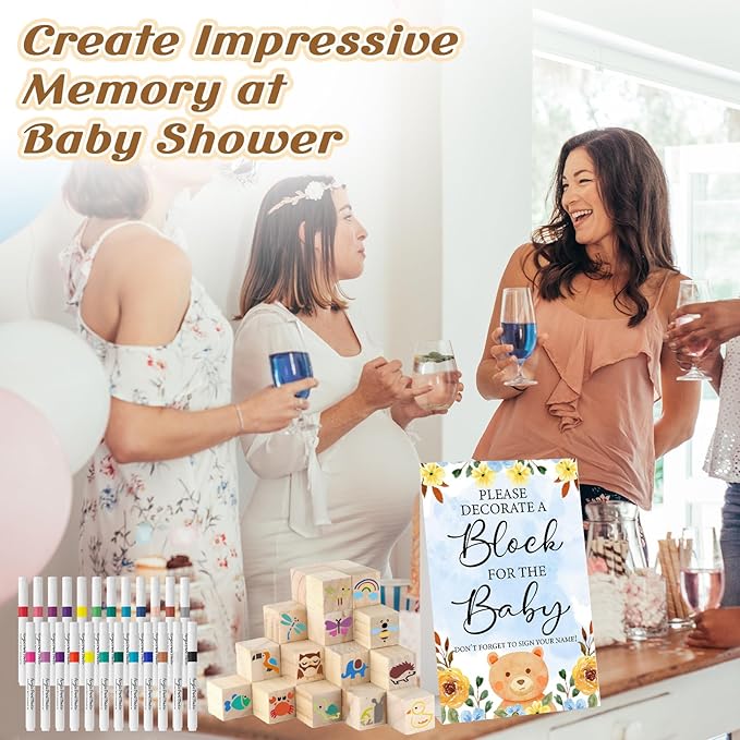 146 Pcs Baby Shower Game Sign Set Includes Decorative Square 54 DIY Blank Wooden Blocks 24 Paint Markers 27 Page Baby‘s First ABC Book (Blue Bear)