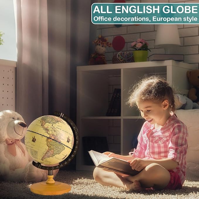 Vintage Mini World Globe for Adults Kids,Dia 5.5" with Wooden Stand Metal Frame,Antique Color Decorative Desktop Globe for Home Office Decor,Educational Geographic Globe for Kids Learning
