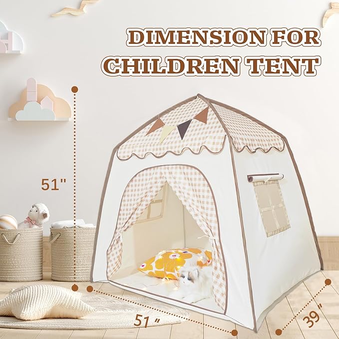 Toddler Bed Tent, Kids Play Tent with Flags, Star String, Portable Bed Canopy for Boys & Girls, Children, Indoor Outdoor Dome Playhouse, Khaki Plaid, 51" x 39" x 51"