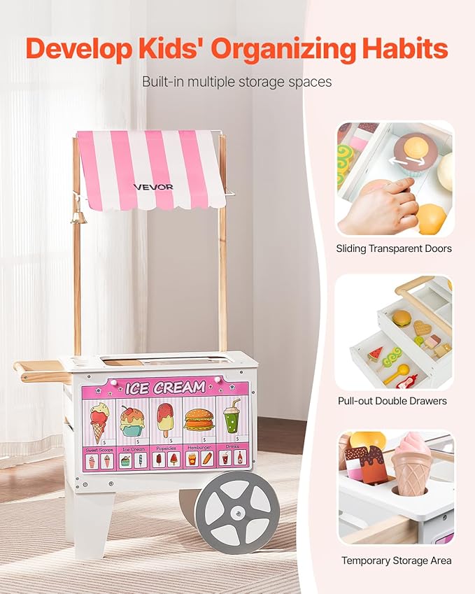 VEVOR Ice Cream Cart for Kids, 20+ PCS Accessories, Pretend Play Ice Cream Shop Kitchen Food Toys with Ice Cream Cone & Popsicle, Awning & Freezer, Storage Drawers & Flipping Menus, for Kids Aged 3-7