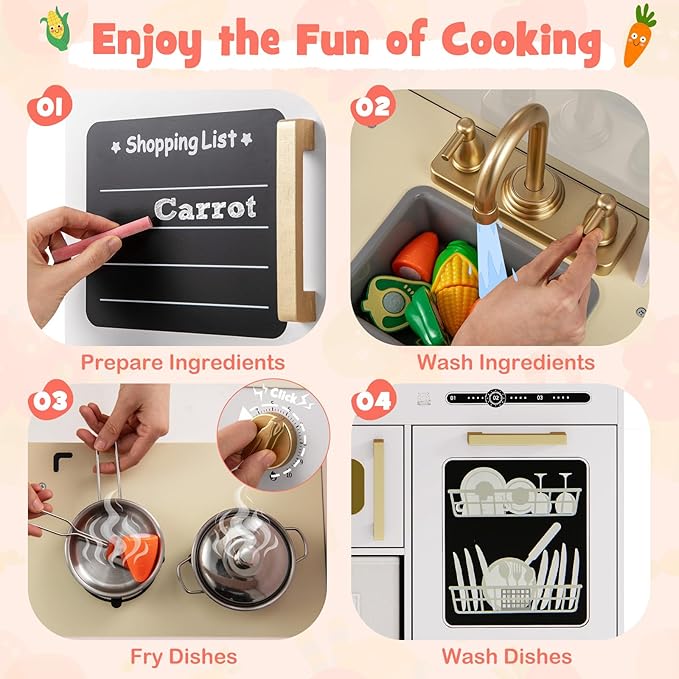Costzon Kids Kitchen Playset, Wooden Pretend Play Kitchen w/Real Lights & Sounds, Chalkboard, Microwave, Ice Maker, Dishwasher, Sink, Cookware Accessories, Play Kitchen for Kids Ages 3+ (White)