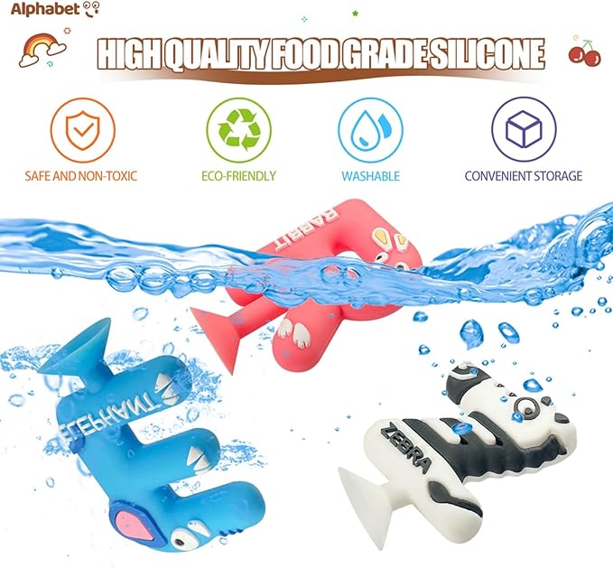 Suction Bath Toy for Toddler, 26PCS Animal Alphabet, Montessori Sensory Toy Gift for Kids Aged 3-12, Educational Spelling for Autism/ADD/ADHD,No Hole Bath Toy for Baby Toddlers