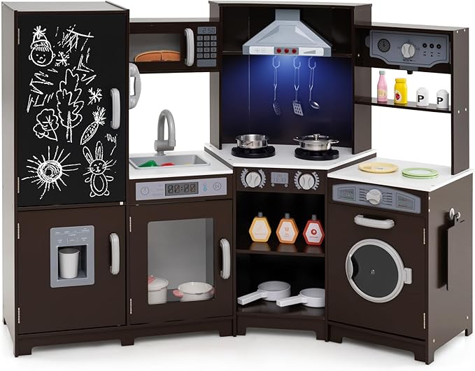 Costzon Corner Play Kitchen w/Lights, Sounds, Large Pretend Play Kitchen Set w/Blackboard, Microwave, Cooking Accessories, Wooden Montessori Sensory Toy for Kids 3+ Years Old (Espresso)
