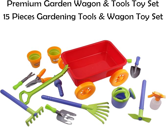 Dimple Garden Wagon & Tools Toy Set Premium 15 Pcs Kids Gardening Tools & Wagon Toy Set - Sturdy & Durable - Top Yd, Beach, Sand, Garden Play Set - Great for Kids & Toddlers
