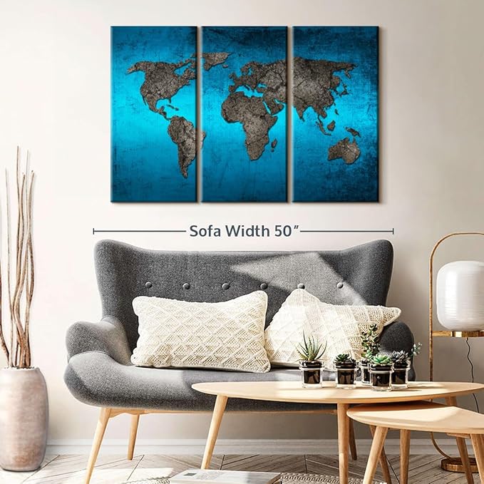 ElephantStock Ocean World Map Multi Piece Canvas - 3 Panel Wall Decor - Map of the World Art - Canvas for the Office and Home - 45" X 28"
