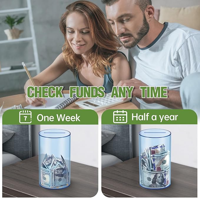 Clear Piggy Bank for Adults/Kids, Acrylic Unopenable Money Box for Cash Coin Saving, Must Break to Open, Money Saving Jar for Adults Boys Girls, Size 8" H x 5" Diameter(Blue)