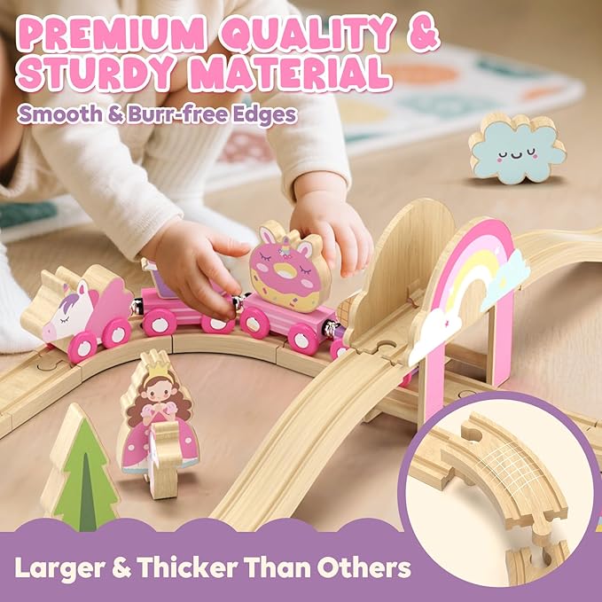 Lehoo Castle Wooden Train Set, Train Set for Toddlers 2-4, Wooden Train Track for Girls, Unicorn Toys for Girls Age 4-6, Toys for 3 4 5 6 Year Old Girl