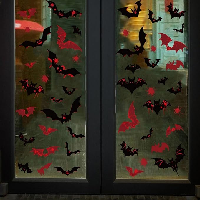9 Sheets Halloween Window Stickers Clings Double-Sided Window Decals Black & Red Bats Designs Scary Blood Bat Windows Stickers for Spooky Halloween Party Supplies Glass Decoration