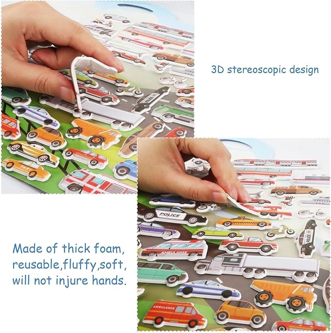 3D Transportation Puffy Sticker Play Set Kids 2-4 Toys Gifts Sticker Book Vehicles Cars Window Clings Decals for Toddlers Airplane Transportation Party Supplies Decorations 100 Reusable Puffy Stickers