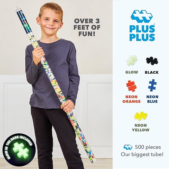 Plus Plus 500 Piece Super Tube, Interlocking Building Block 3D Puzzle Kit, Kids Stem Connecting Toys - Glowing Color Mix