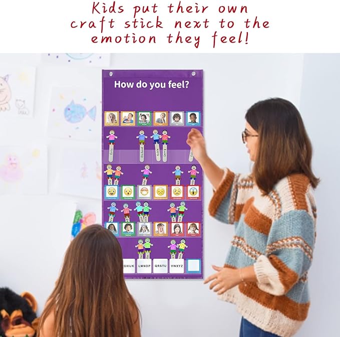 Boczif Emotions Feelings Pocket Chart for Classroom Chart with 24 Cards for Preschool Teacher, Daycare Decor, Social Emotional Learning Activities, Calm Down Corner Supplies (Purple)