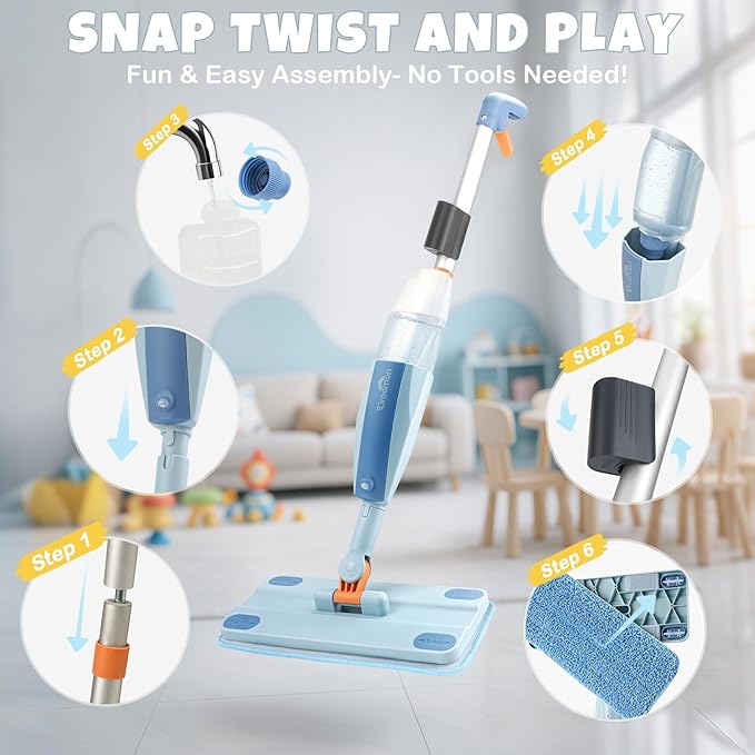 Dreamon Kids Spray Mop - Real Working Toddler Cleaning Set with Water Sprayer & 3 Washable Mop Pads & Scraper, Pretend Play Montessori Housekeeping Toys Gifts for Toddlers Kids Girls Boys(Blue)