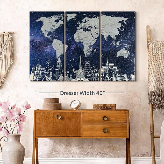ElephantStock Starry World Map Multi Piece Canvas - 3 Panel Wall Decor - Map of the World Art - Canvas for the Office and Home - 50" X 32"
