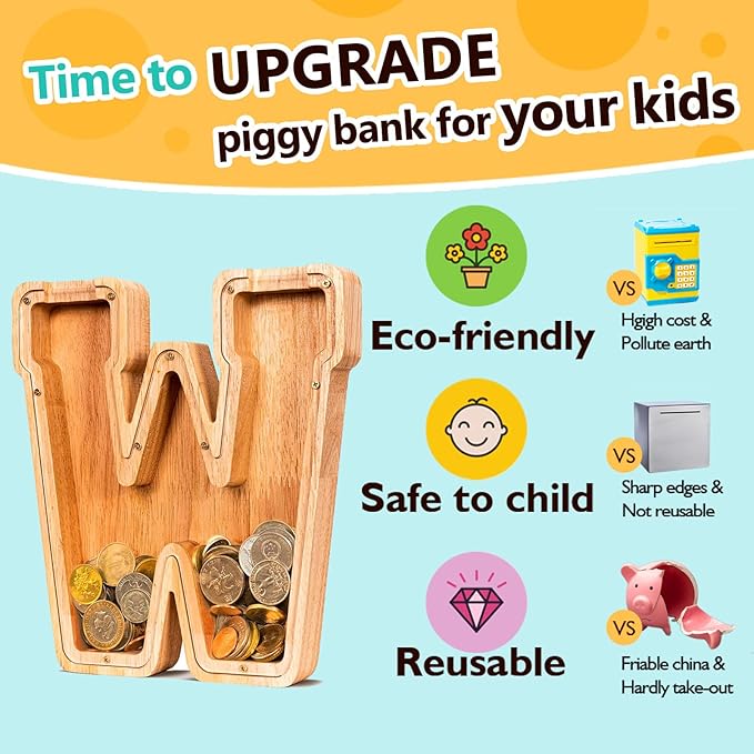 SummiDate Wooden Letter Piggy Bank| Piggy Bank for Boys Girls Toddler| Alphabet W Money Bank| Coin Bank Birthday Gift for Kids|Birthday Gift for Kids (W)