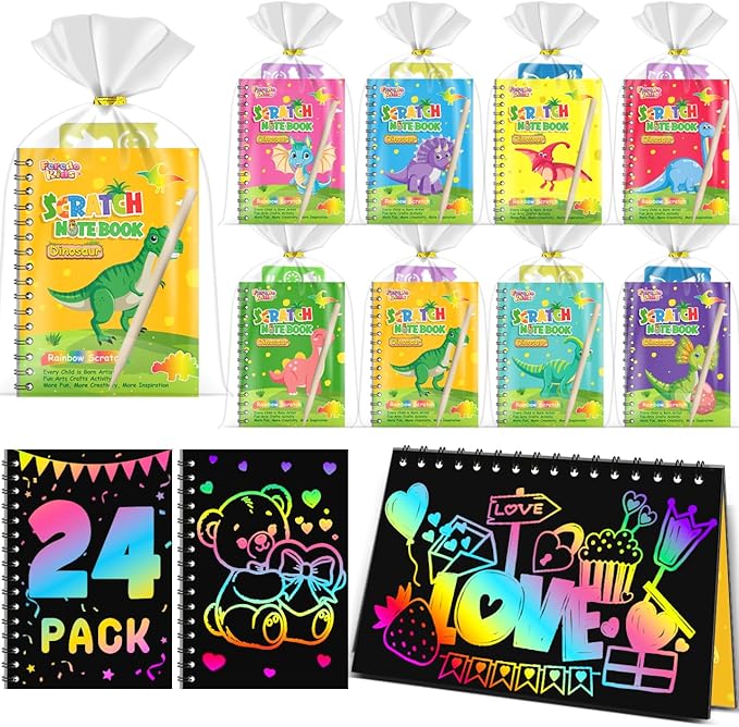 Kids Scratch Art Party Favors Gifts: 24 Pack Dinosaur Scratch Notebook Paper Birthday Party Favor Toy Girls Boys Art Craft Kit Summer Classroom Goodie Bags Return Gifts for Birthday Party Favors Bulk