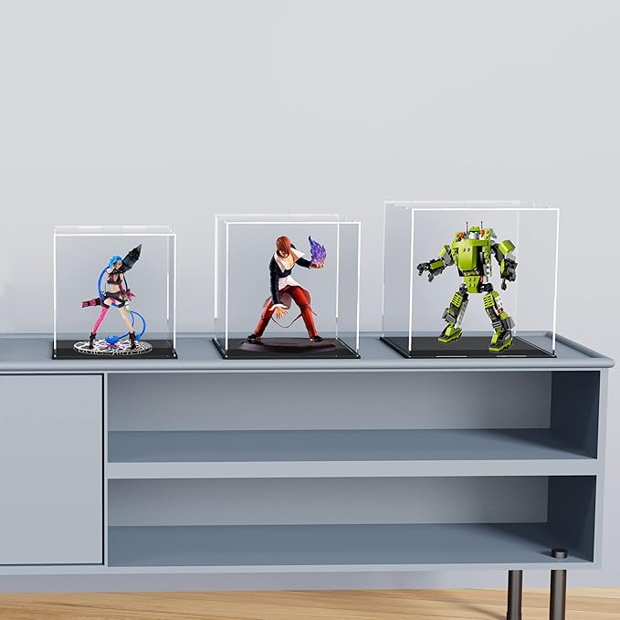 7x7x7 Inch Clear Acrylic Display Case, Rectangle Acrylic Box for Model Car Showcase, Plexiglass Case with Matt Black Stand for Toys