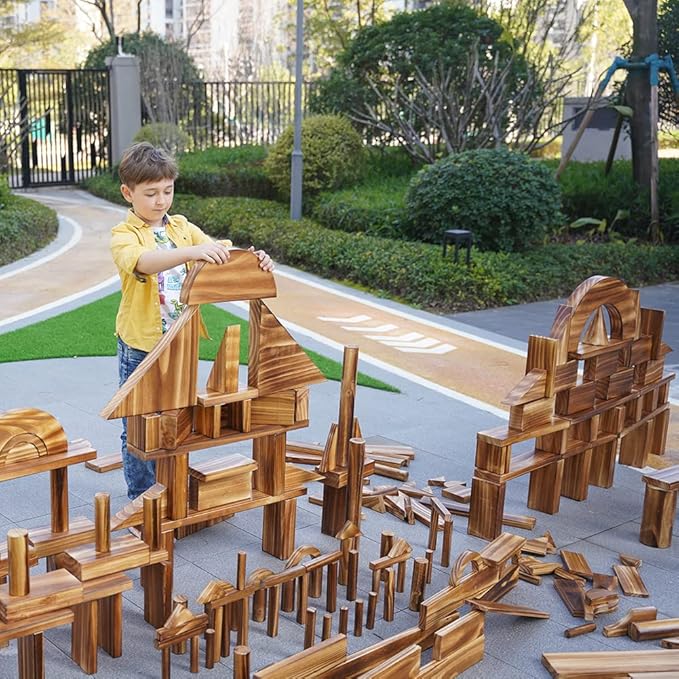 Vintage Solid Carbonized Wooden Building Blocks Set for Kids 3-12 Outdoor(43pcs,5.4 lbs), Table Sensory Wood Building Toys for Toddlers, Outside Wooden Blocks for Preschool