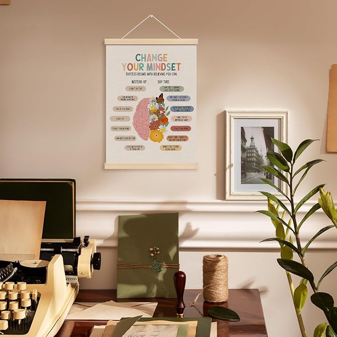 MOTERMATE Boho Growth Mindset Wall Art Poster, Calming Decor, Motivational Canvas Poster Hanger Frame, Homeschool Mental Health Wall Hanging Banner Decor for Classroom, Calming Corner Items, 12x16Inch