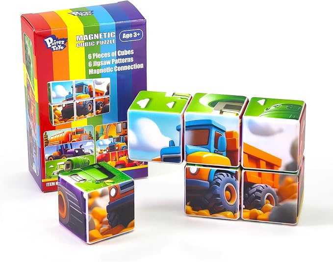 Magnetic Cubic Tiles for Kids, Large Building Blocks 1.65 inch, Engineering Construction Vehicles Puzzle Toy for Toddlers, Sensory & Montessori Magnetic Toys for Kids Ages 3 4 5 6