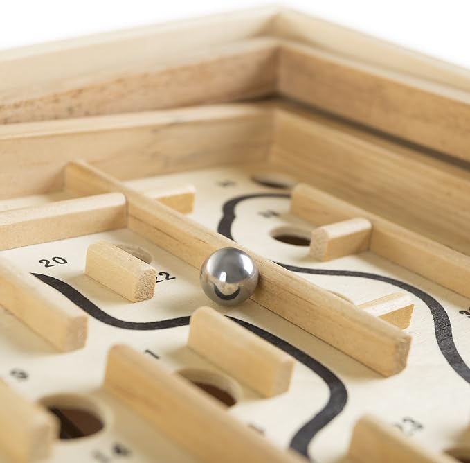 Labyrinth Wooden Maze Game with Two Steel Marbles, Puzzle Game for Adults, Boys and Girls by Hey! Play! , Tan