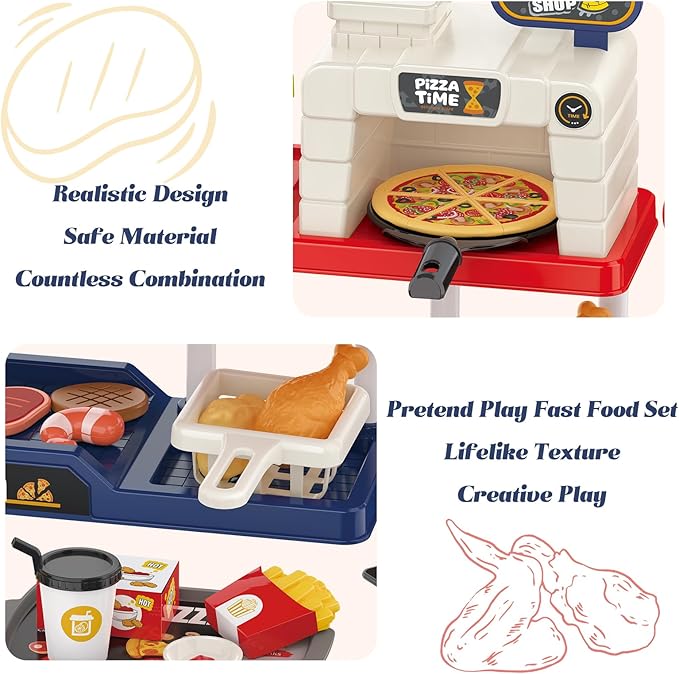 Kids Pizza Oven Play Set: Ice Cream Maker, Card Reader, Cash Register, Play Food (Pizza, Chicken Nuggets, Fries) Play Money - Educational Toy Kitchen Ages 3+