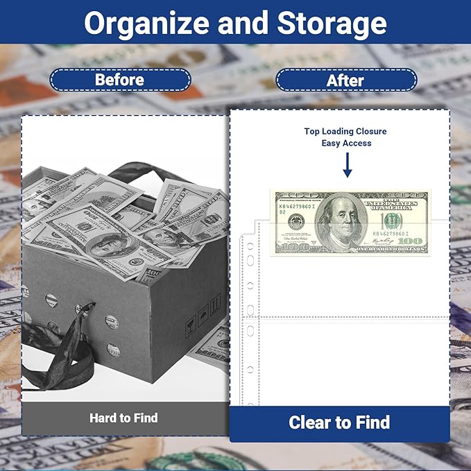90 Pockets Acid Free Currency Sleeves, Non Stick and Non Glare Dollar Bill Sleeves for Collecting Cash, Banknotes or Coupons, Fit for 3 Ring Binder Currency Album, 30 Pack