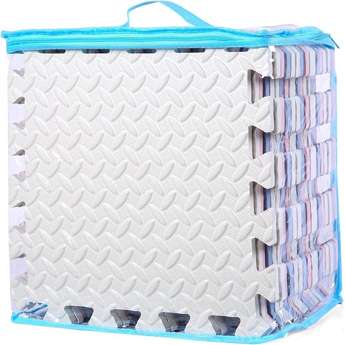 Foam Floor Mats for Kids, 12 x 12 Inch 16 Tiles 0.4" Thickness Foam Play Mat, Non-Toxic Square Interlocking Floor Mats Rubber Baby Play Mat for Toddlers(White/Gray Blue/Lori Pink)