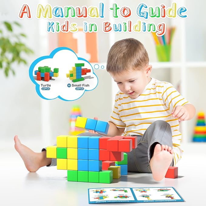 Large Magnetic Blocks Travel,56PCS 1.34in Building Blocks for Toddlers 3-5,Magnet Cubes for Toddlers,Sensory Montessori Toys Sets Learning Construction Squares Stem Toys for Boy,Girl,Kids,Kit,Gift,4-8