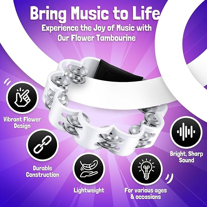 Flexzion Flower Tambourine - 8 Inch Handheld Percussion Instrument w/Metal Jingles & Ergonomic Grip - Small Tambourines for Adults, Kids, Church, Parties, & Musical Events (7 Color Pack)