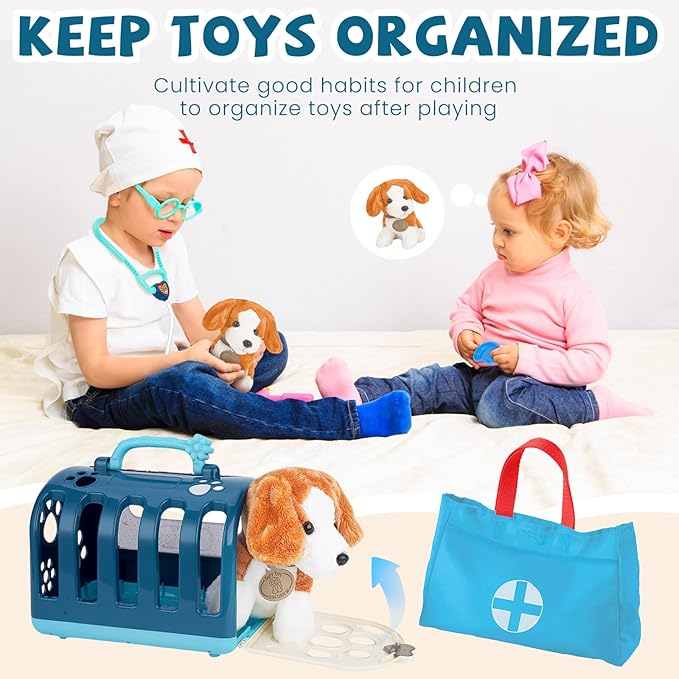 Doctor Kit for Kids with Dog Toy, Girls Boys Vet Playset Kit with Pet Cage & Stethoscope, Veterinarian Pretend Play Toys Doctor Kit for Toddlers Birthday Gift for Age 3 4 5 6 7 8 Years Role Play