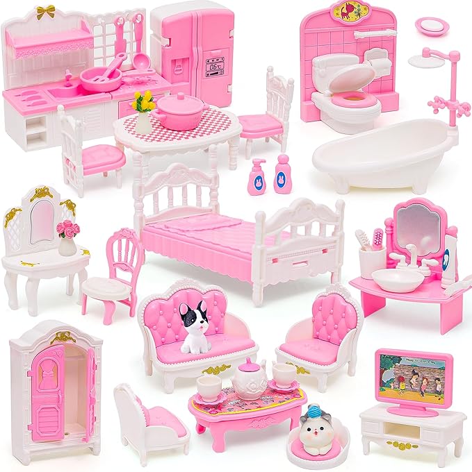 45 Pcs Dollhouse Furniture Set Accessories Doll House Mini Furniture Pretend Play Bedroom Living Room Bathroom Kitchen for Kids Birthday and Christmas Pink