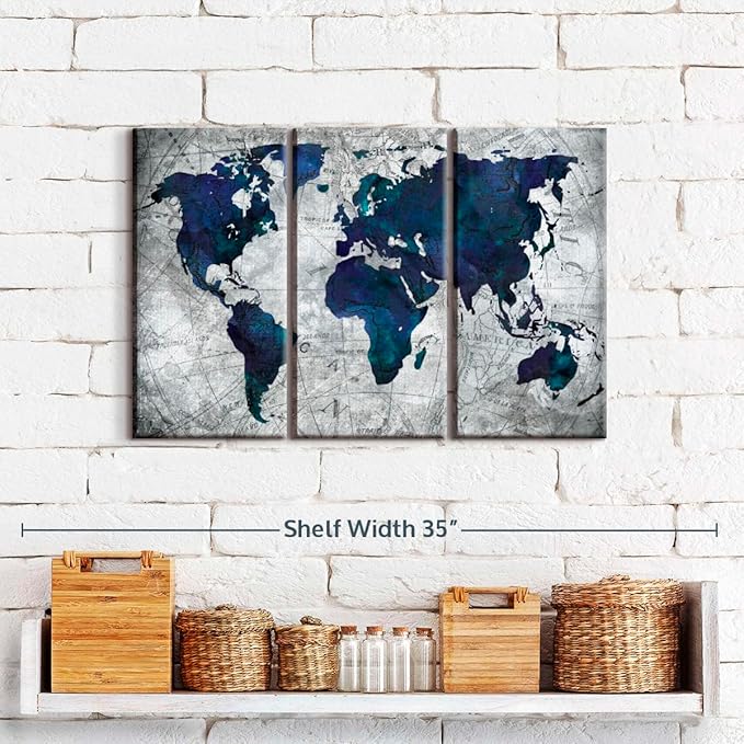 ElephantStock Deep Blue World Map Multi Piece Canvas - 3 Panel Wall Decor - Map of the World Art - Canvas for the Office and Home - 23" X 14"