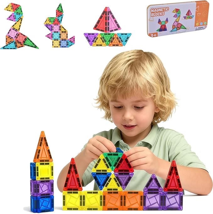 26PCS Mini Magnetic Tiles Building Blocks Set with Portable Iron Case, STEM Travel Toys for Kids Ages 3+, Educational Magnet Construction Puzzles for Boys and Girls,Toddler Puzzle Birthday Gift Toys