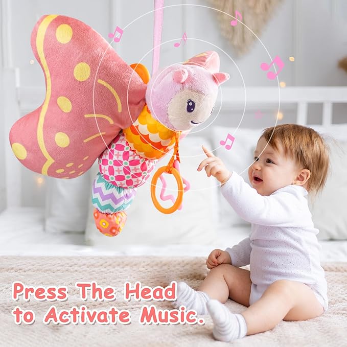 Baby Toys 0-6 Months,Infant Musical Sensory Stuffed Animal with Squeaker,Rattle,Crinkle Wings,Teether & Hanging Ring,Tummy Time Toy for Newborn 0-3-6-12 Months Boys & Girls Gift,Butterfly,Pink