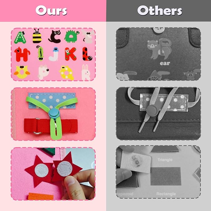MAJAVI Busy Board Montessori Toys for 1 2 3 4 Year Old, Busy Book for Toddlers 1-3 Boys Girls Birthday Gifts, Sensory Educational Activities Travel Toys for Learning Fine Motor Skills, Pink-3 Pages